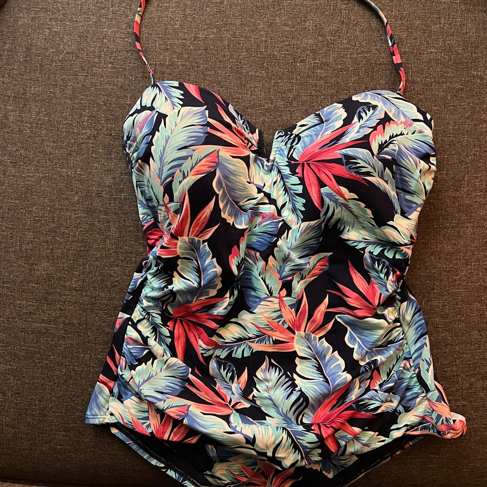 Tommy Bahama womans One-Piece Swim Suit in Black with Blue & Coral Leaf Print